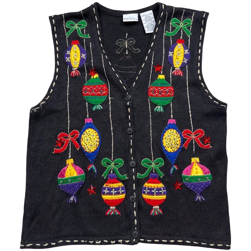 Vintage Bobby Brooks Christmas Sweater Vest Womens L Beaded 90s - Picture 1 of 8